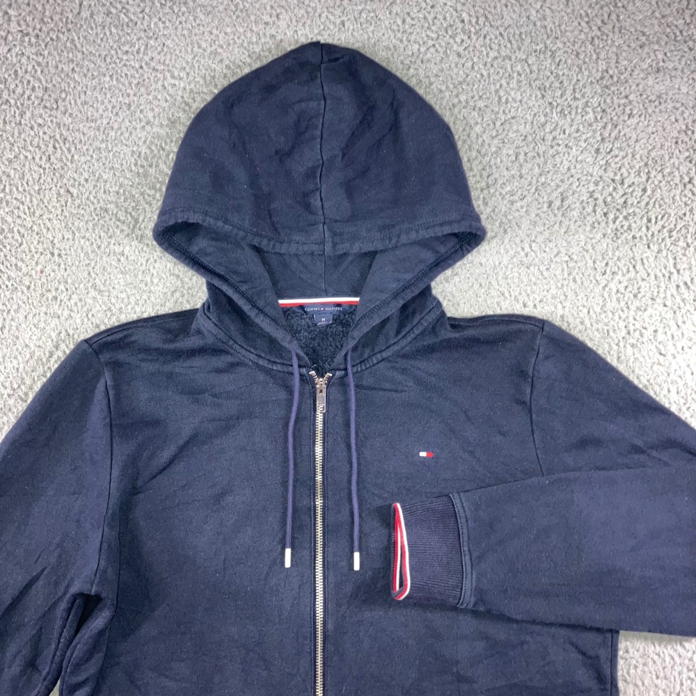 Tommy Hilfiger Zip Up Hoodie Men M Navy Blue Fleece Flag Logo Tipping Casual